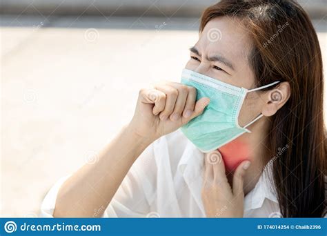 Sick Asian Female People With Tonsillitis Anginawoman Wearing Mask