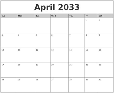 April 2033 Monthly Calendar Printable