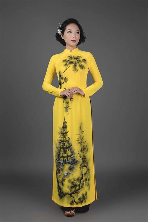 Vietnamese Ao Dai Dress In Yellow Silk Fabric Hand Painted Pagoda Mo
