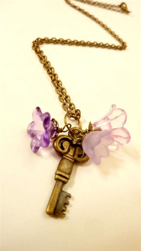 Key Necklace Vintage Key Charm Pendant Chain Purple Flower Key Necklace