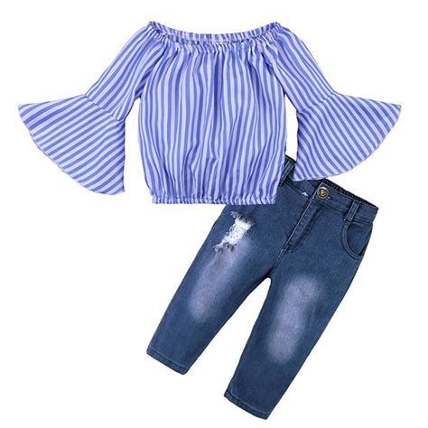 2018fashionable Style For Girls Long Sleevesstripe T Shirts Jeans