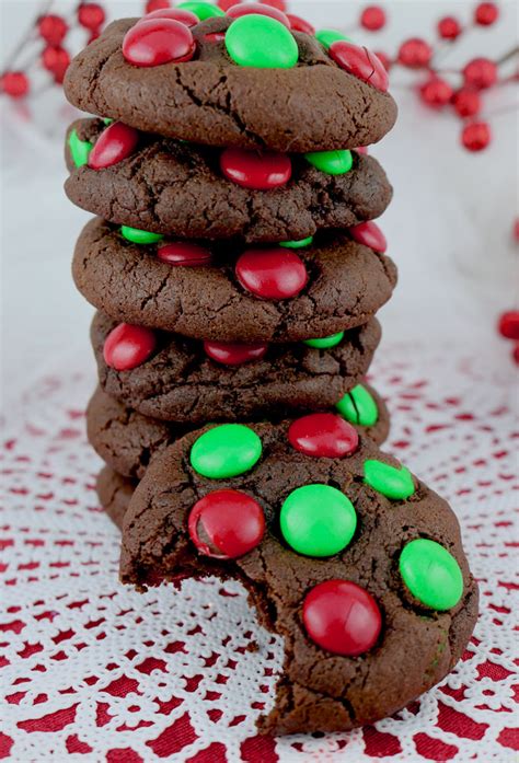 Lined up in a row on a platter, these cute treats are sure to get your guests in the holiday spirit. Chocolate M&M Christmas Cookies - Two Sisters