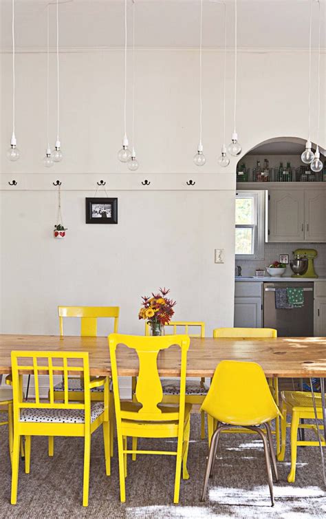 Mismatched Painted Yellow Chairs Dining Room Walls Dining Room