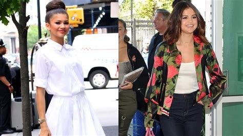 Zendaya Coleman In White Shirt And Skirt Or Selena Gomez In Floral Shirt And Denim Who Is Your