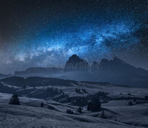 Milky Way Over Alpe Di Siusiin Dolomites Italy Stock Image Image Of