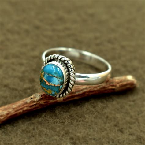 Blue Copper Turquoise Oval Shape Gemstone Ring Sterling Silver