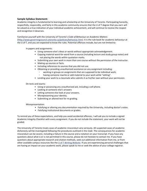 Academic Integrity Statement For Syllabi And Checklist For Assignments