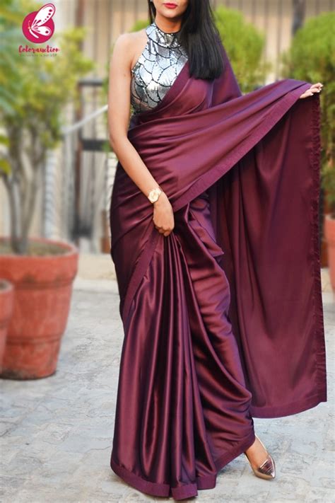 Buy Wine Satin Saree Online In India Colorauction