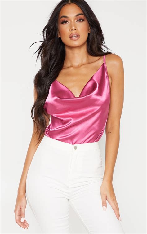 Light Pink Satin Crop Cowl Neck Cami Tops Prettylittlething