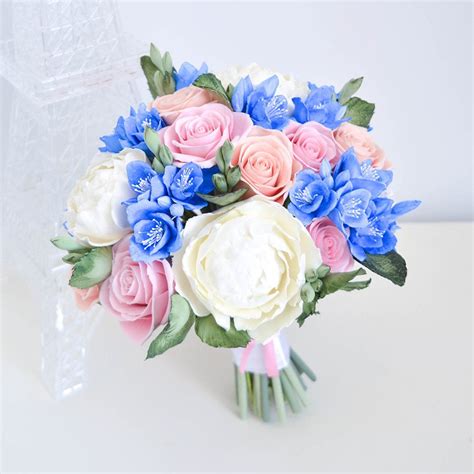 Pink And Blue Wedding Bouquet Handmade With Love Oriflowers