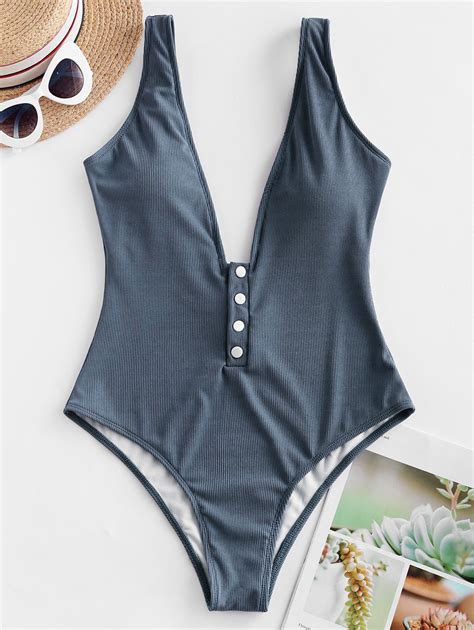 23 Off 2021 Zaful Ribbed Snap Button Plunging One Piece Swimsuit In