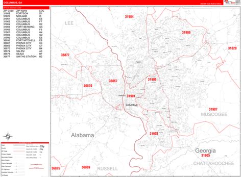 Columbus Georgia Zip Code Wall Map Red Line Style By Marketmaps