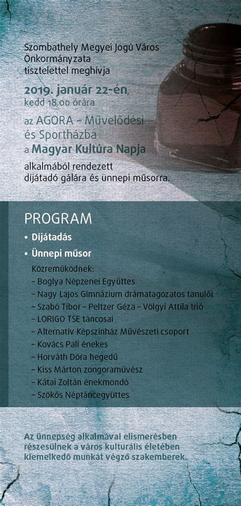 A műsor nyitányában nemzeti imánkat kovács magdaléna, az est háziasszonya szavalta, mialatt az ózdi huszárbandérium tagjai, vitkó egon füleken az idén már a városi művelődési központ (vmk) is csatlakozott a csemadok helyi alapszervezetéhez, s a magyar kultúra napja alkalmából más. Magyar Kultúra Napja - Ünnepek, megemlékezések - SzombathelyPont