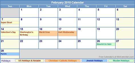 Moon phases calendar 2010 february, lunar calendar february 2010 online. February 2010 Calendar with Holidays - as Picture