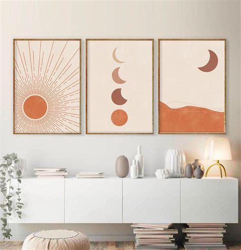 Sun And Moon Phases Art Print Boho Decor Set Of 3 Neutral Colors Wall