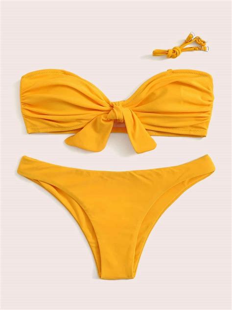 Yellow Swimsuit Tie Front Ruched Bandeau Low Rise Bikini Bottom