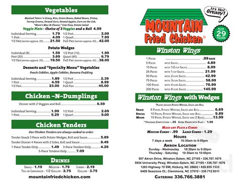 Mountain Fried Chicken menu in Winston-Salem, North Carolina, USA