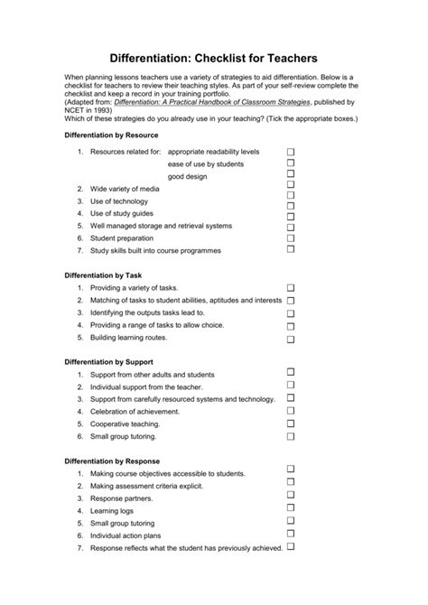 Differentiation Checklist For Teachers