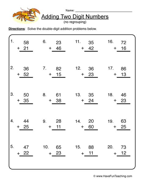 Adding Two Digit Numbers Without Regrouping Free Worksheets