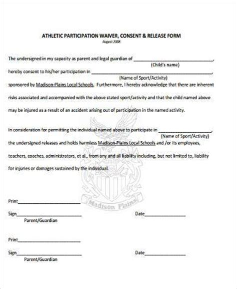sample athlete waiver forms   ms word
