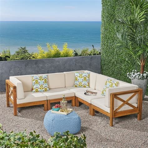 Elisha Outdoor 5 Piece Acacia Wood Sectional Sofa Set With Cushions