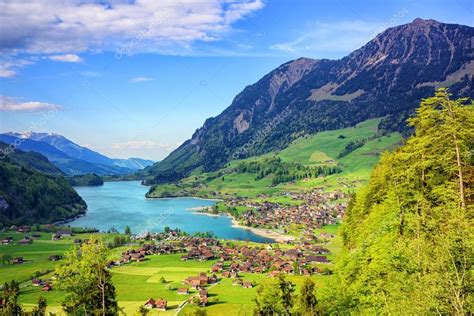 Alpine Lake And Mountain Landscape In Central Switzerland Stock Photo