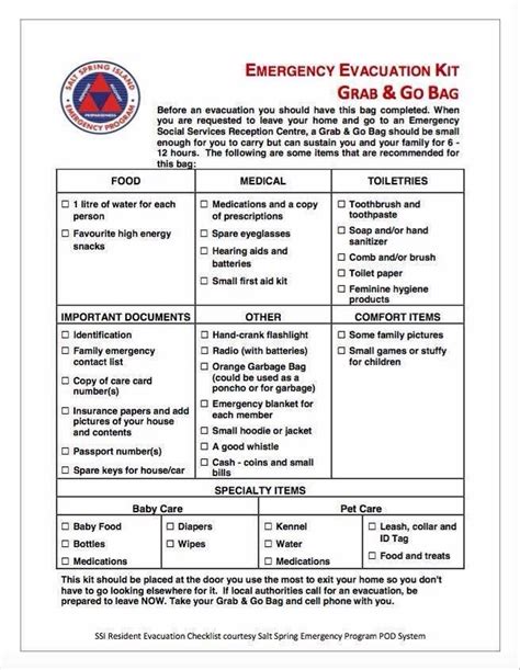Printable Evacuation Checklist