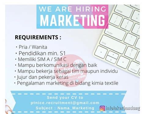 Informasi yang anda cari adalah info loker pt bkl tasikmalaya terupdate dan terlengkap bulan juli 2021 dari sumber yang terpercaya. Lowongan Kerja PT. Nice Indonesia Bandung Juni 2021 - Info Loker Bandung 2021