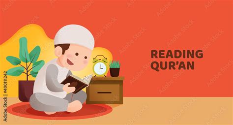 Muslim Kid Sit And Reading Quran With Happy Smile Face Reciting Holy