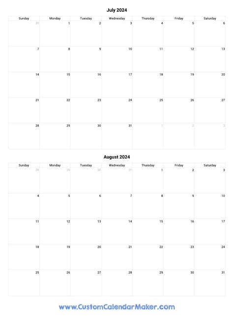 July And August 2024 Printable Calendar Template