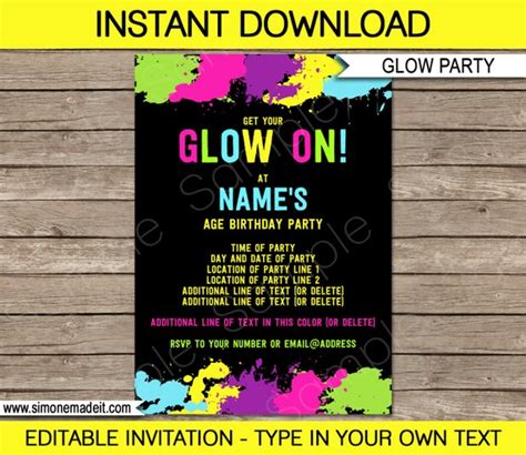 Neon Glow Invitation Template Neon Theme Birthday Party Printable Invite Instant Download