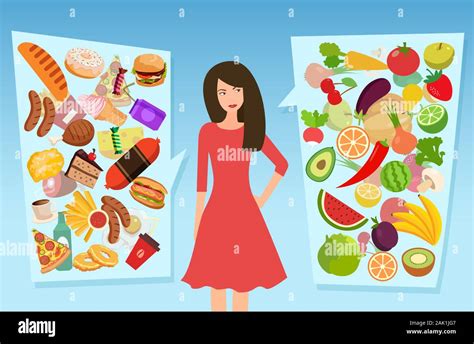 Vector Of A Young Woman Choosing Between Healthy And Unhealthy Food