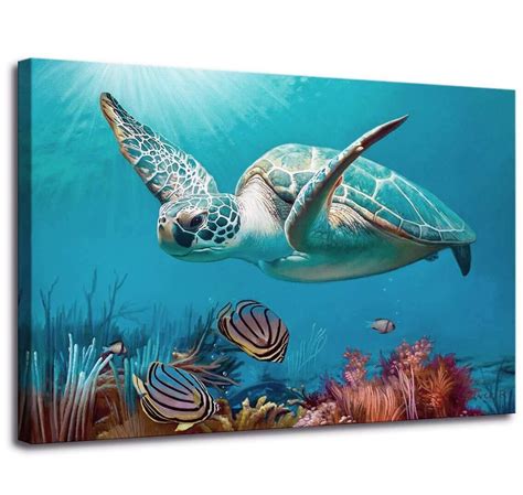 Blue Ocean Sea Turtle Wall Decor Framed Canvas Print Size X Inch
