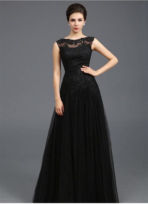 Modest 2015 Black Tulle A Line Evening Dresses Sheer Jewel Capped