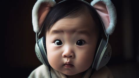 Fondo Bebe Usando Audifonos Fondo Bebé Escuchando Música Imagen Recién