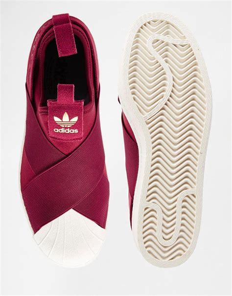 adidas originals superstar burgundy slip on trainers at sneakers fashion outfit