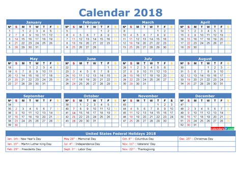 2018 Calendar With Week Numbers Printable Pdf Image