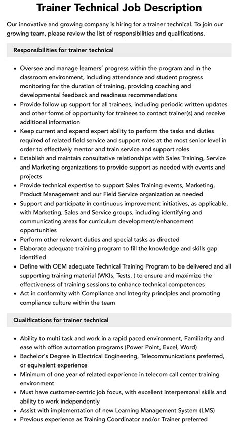 Trainer Technical Job Description Velvet Jobs