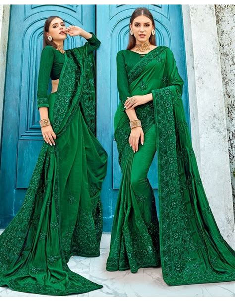 Emerald Green Satin Silk Resham Work Saree Saree Satin Saree Festival Wear
