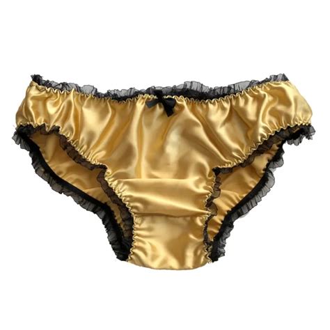Gold Satin Frilly Sissy Panties Bikini Knicker Underwear Briefs Size