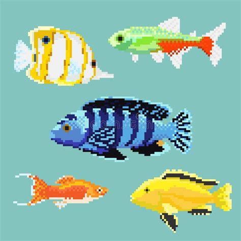 Set Of Pixel Exotic Fish Stock Vector Illustration Of Ocean