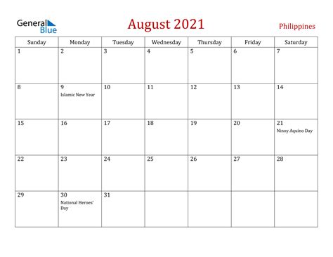 Print a calendar for august today! August 2021 Calendar - Philippines