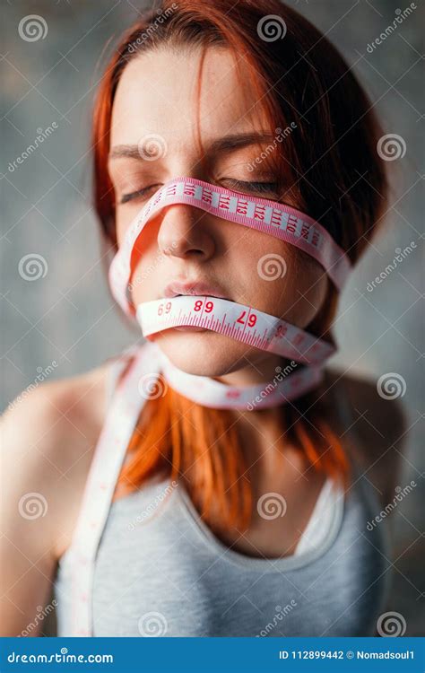 Womans Face Tied With Measuring Tape Weight Loss Stock Photo Image