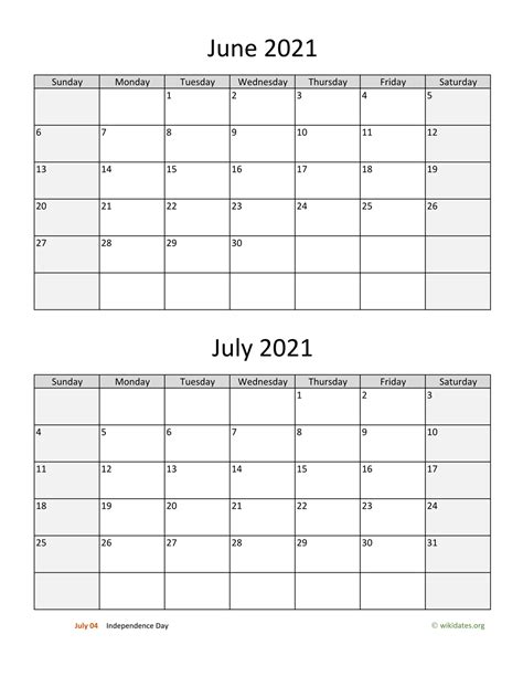 June And July 2021 Calendar