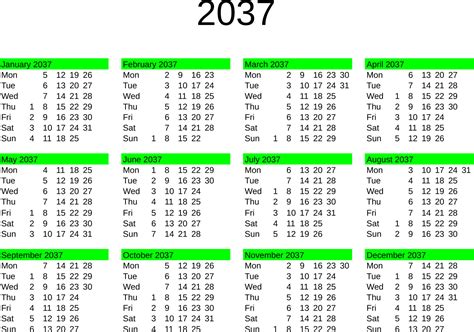 Year 2037 Calendar In English 24310386 Vector Art At Vecteezy