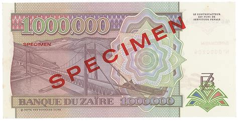 Recording notes payable includes specifying details of the matter. 紙幣 Bank Noteザイール 1，000，000Zaires 1993 Specimen No．0000209 ...