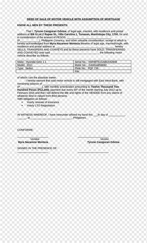 Deed Of Sale Of Motor Vehicle Philippines Word Format Printable Form