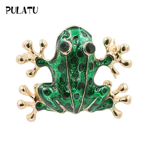 Pulatu Cartoon Green Enamel Frog Brooch Pins For Men And Women Alloy