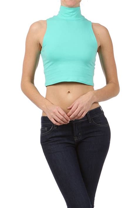 Sexy Solid Basic Sleeveless Turtle Neck Crop Belly Cut Off Half Cami