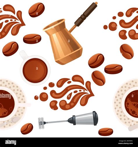Seamless Pattern Coffee Theme With Frother And Cezve Vector
